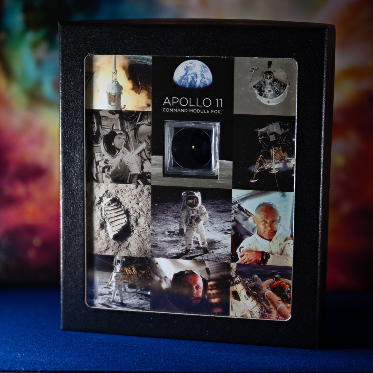 Apollo 11 Command Module Foil display with nebula backdrop